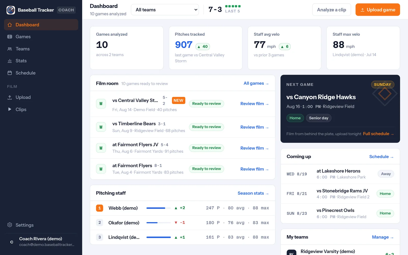 Dashboard in the coach portal: Is my film ready?