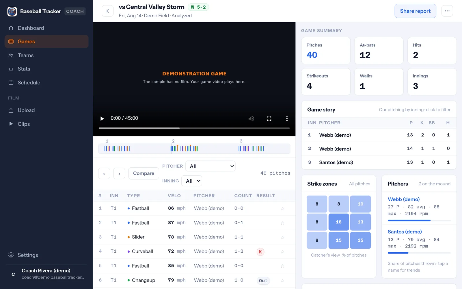 Game review in the coach portal: The pitch log